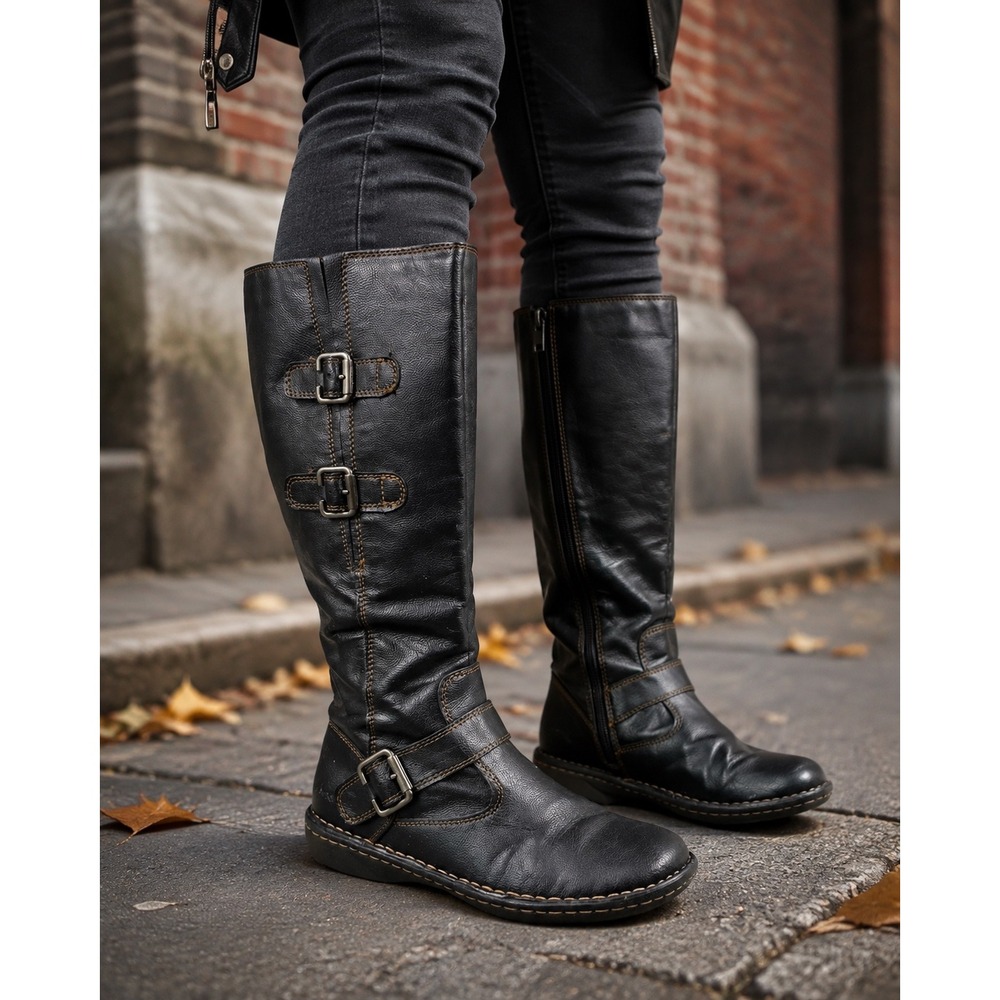 B.O.C. Born Black Faux Leather Triple Buckle Moto Boots Women's Size 8/39